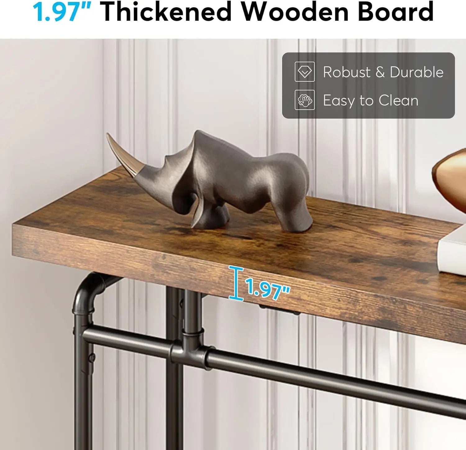 Nutshell Extra Long Sofa Table with 1.97 inch thick rustic wooden top and black industrial metal frame