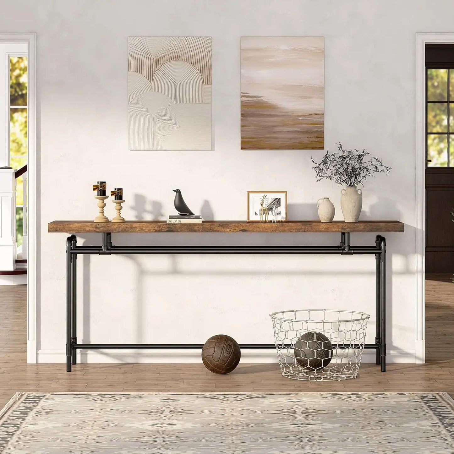 Nutshell Extra Long Sofa Table industrial wood top with black metal pipe base styled in entryway console
