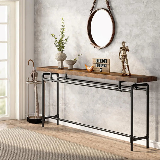 Nutshell Extra Long Sofa Table industrial wood top metal frame console for entryway decor