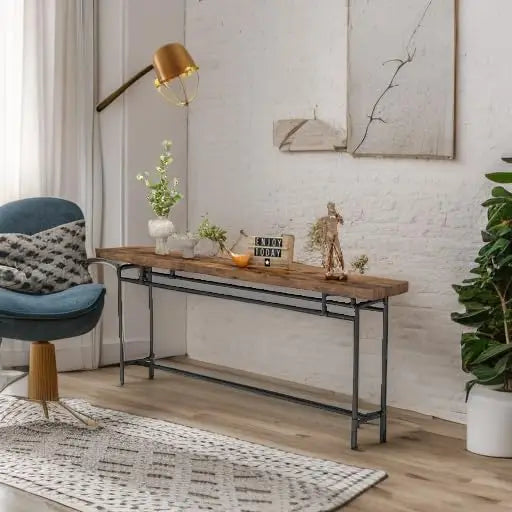 Nutshell Extra Long Sofa Table reclaimed wood top and black metal frame in modern living room