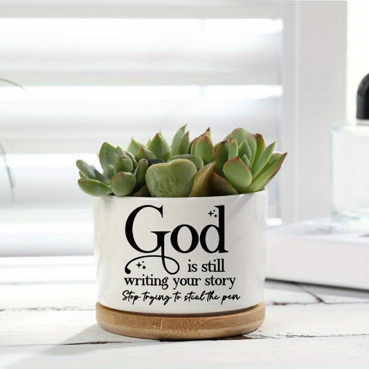 Inspirational succulent planter with motivational quote about storytelling and a wooden base