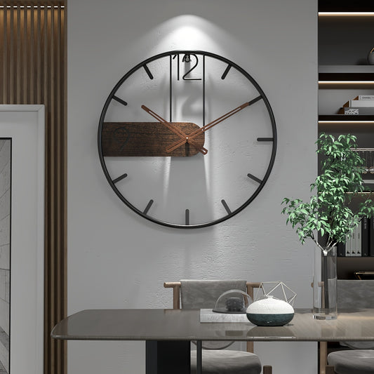 Modern iron and wood wall clock featuring a sleek design with a wooden accent and minimalist numerals