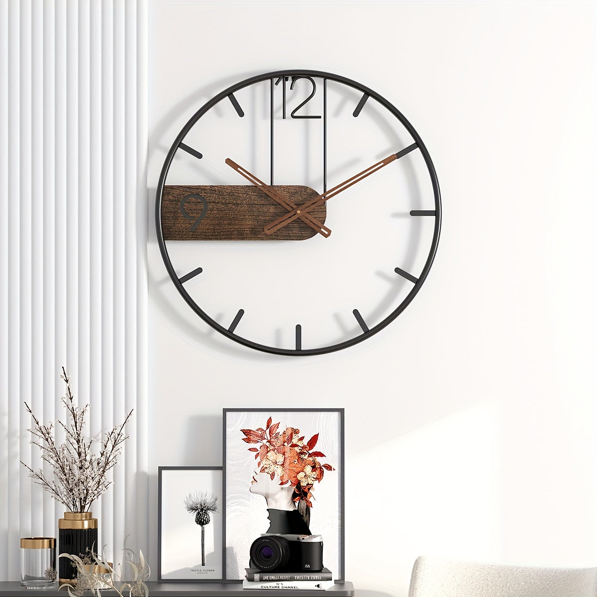 Stylish iron and wood wall clock with minimalistic design and natural wood accents