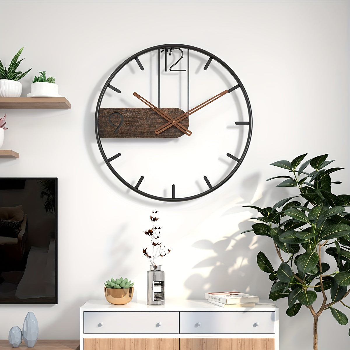 Modern iron and wood wall clock with minimalist design featuring wooden clock face and sleek hands