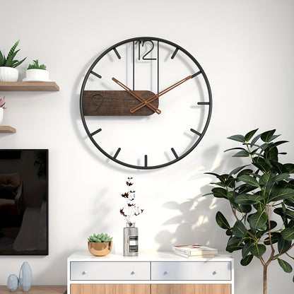 Modern iron and wood wall clock with minimalist design featuring wooden clock face and sleek hands