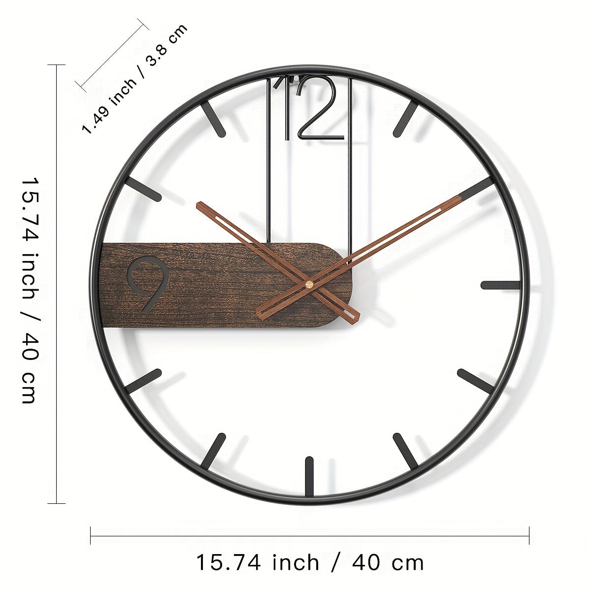 Modern iron and wood wall clock featuring a stylish black frame and wooden accent