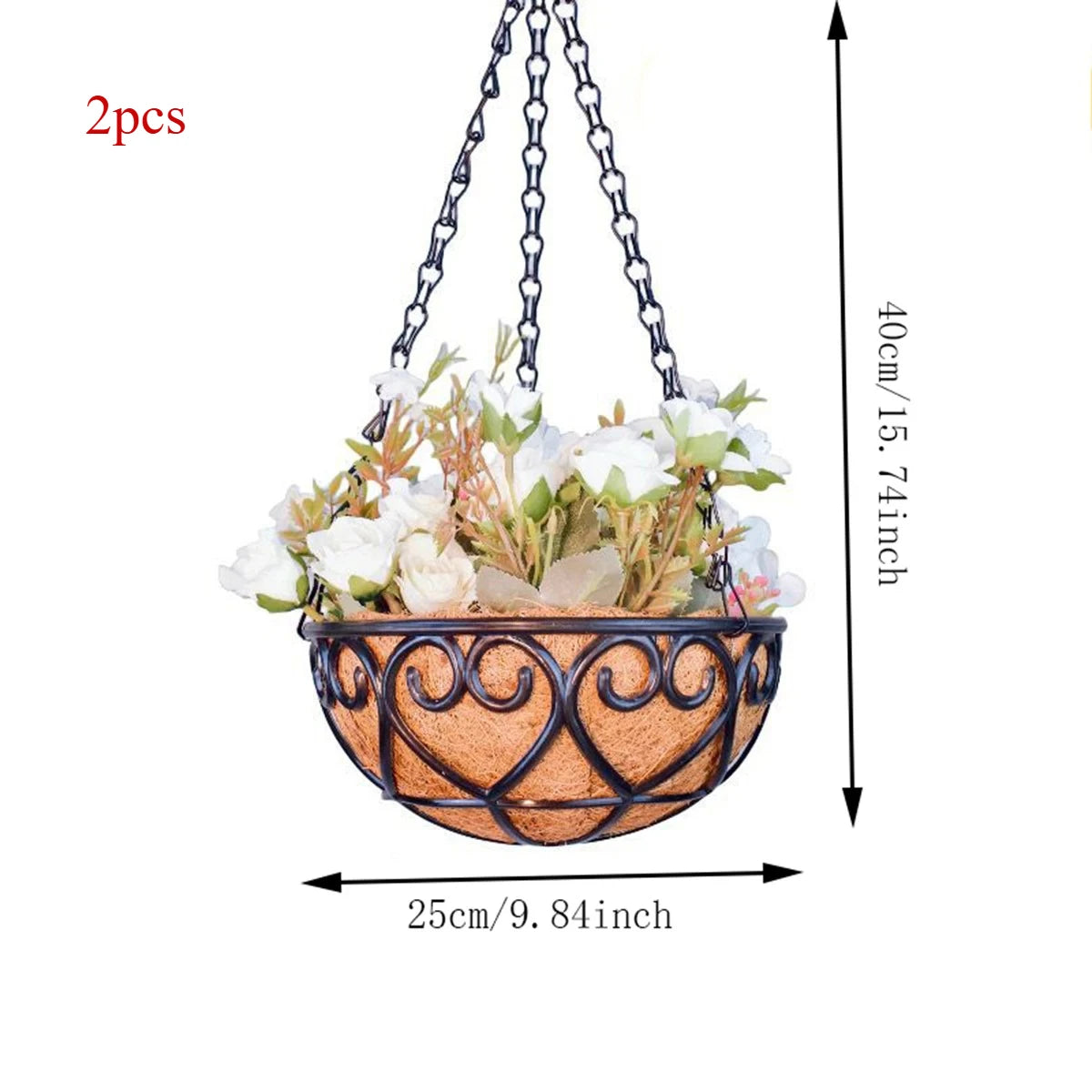 2pcs Iron Chain Hanging Basket Planter with decorative design and coir liner for vibrant flowers