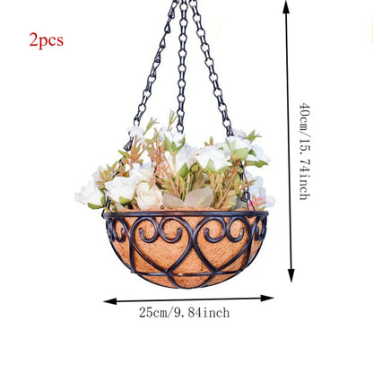 2pcs Iron Chain Hanging Basket Planter with decorative design and coir liner for vibrant flowers