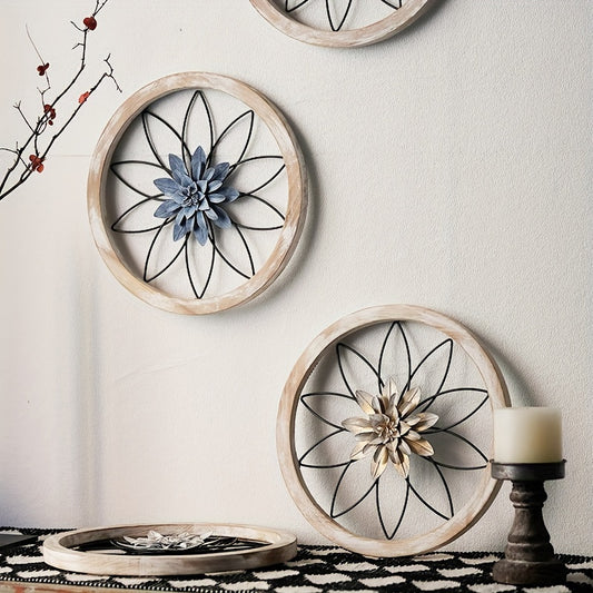 Elegant iron flower wall decor set featuring circular designs with floral patterns in neutral colors