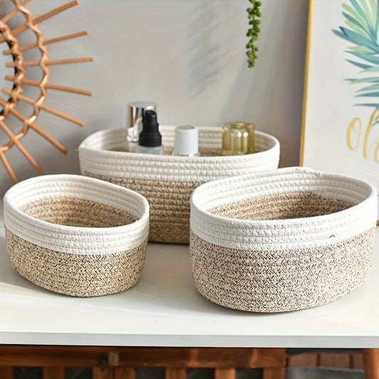 Set of three Japanese style storage baskets in natural tones for organizing and home decor