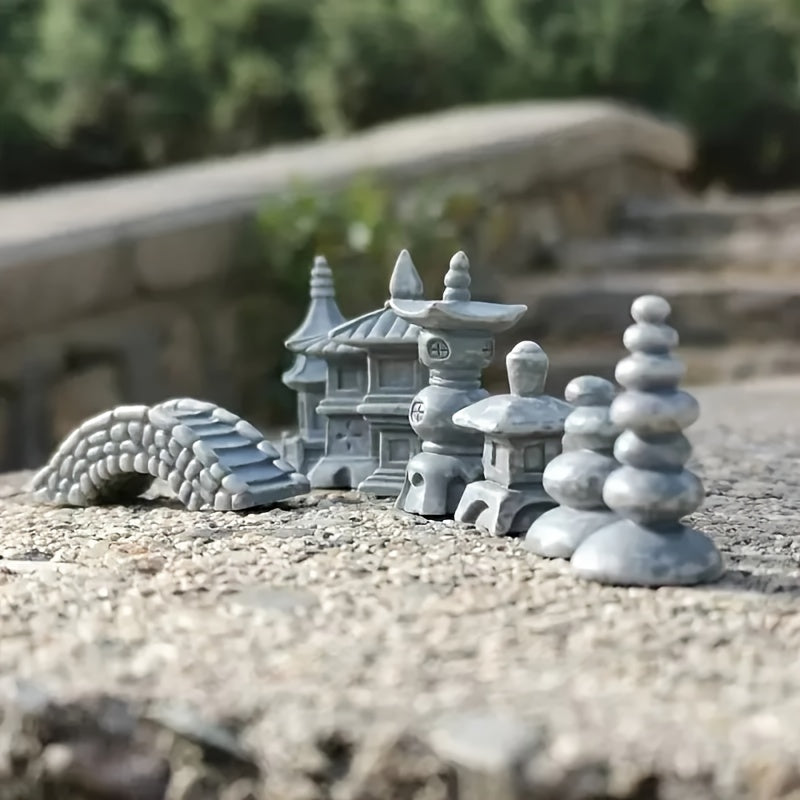 Miniature Japanese zen garden bridge models with pagodas and stones for decorative displays