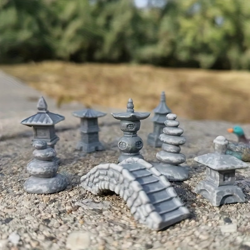 Miniature Japanese zen garden bridge models with stone pagodas and lanterns for decorative gardens