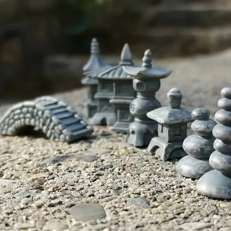 Set of Japanese zen garden bridge models with stone sculptures and pagodas for tranquil landscaping