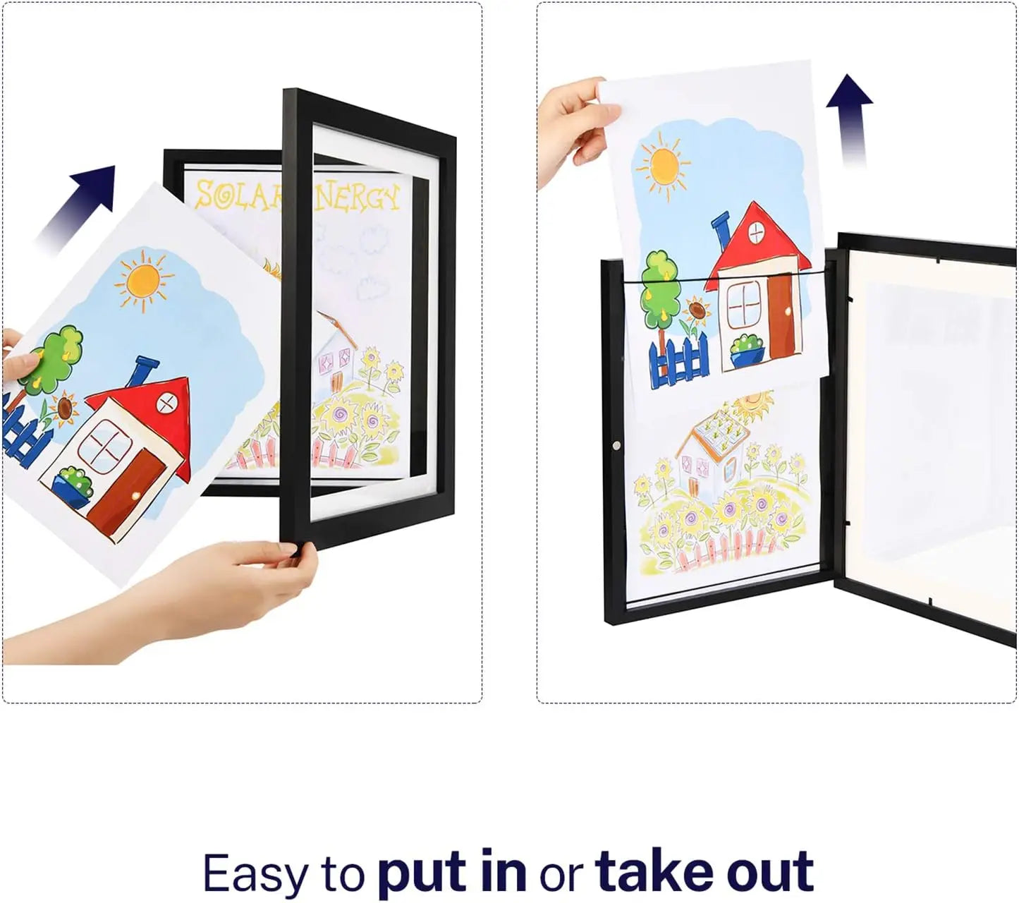 Kids art frames with magnetic front showing easy access to change artwork and vibrant children's drawings