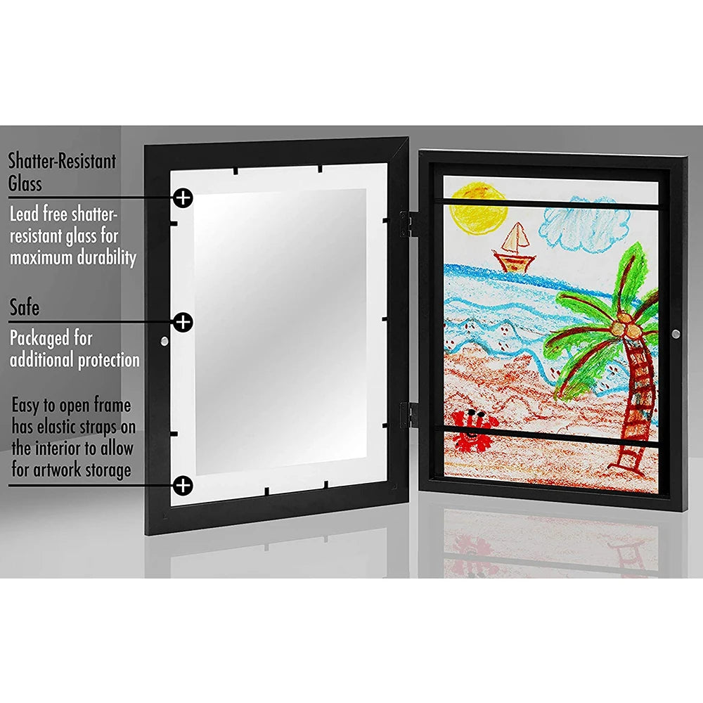 Nutshell kids art frames with magnetic front showcasing a colorful child drawing and shatter-resistant glass