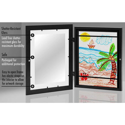Nutshell kids art frames with magnetic front showcasing a colorful child drawing and shatter-resistant glass