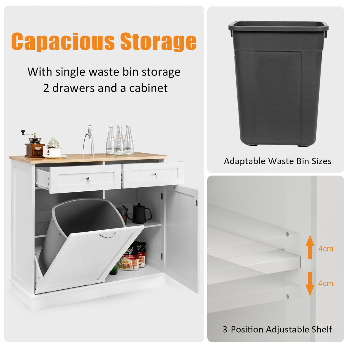 Nutshell kitchen storage cabinet with trash bin holder featuring two drawers and adjustable shelves