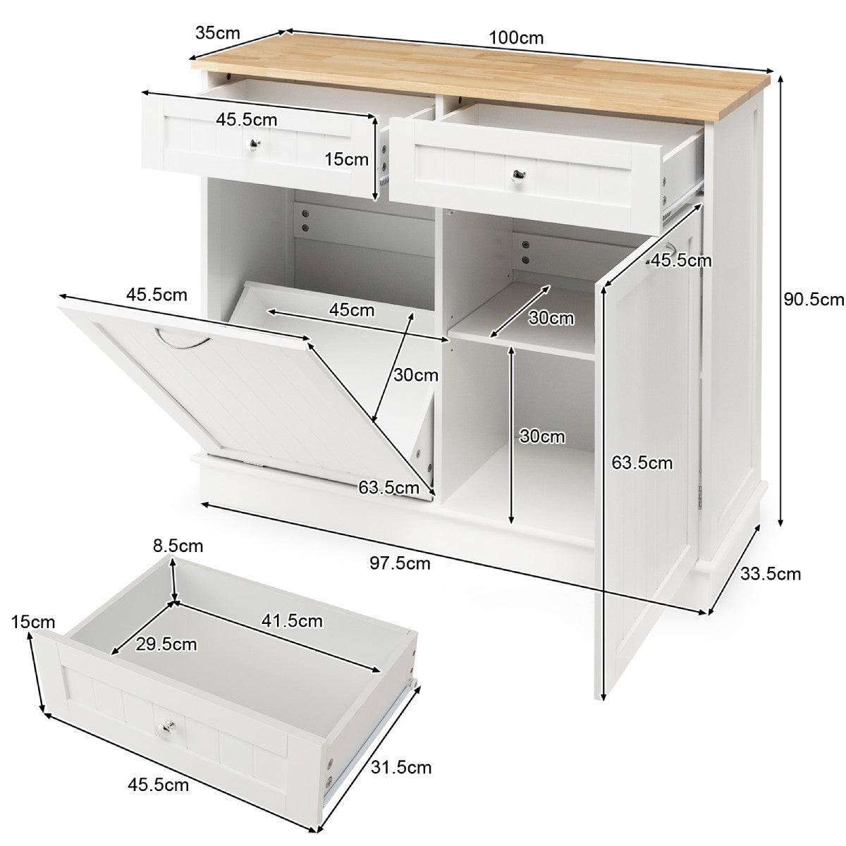 Nutshell kitchen storage cabinet with trash bin holder in white with wooden top and multiple compartments