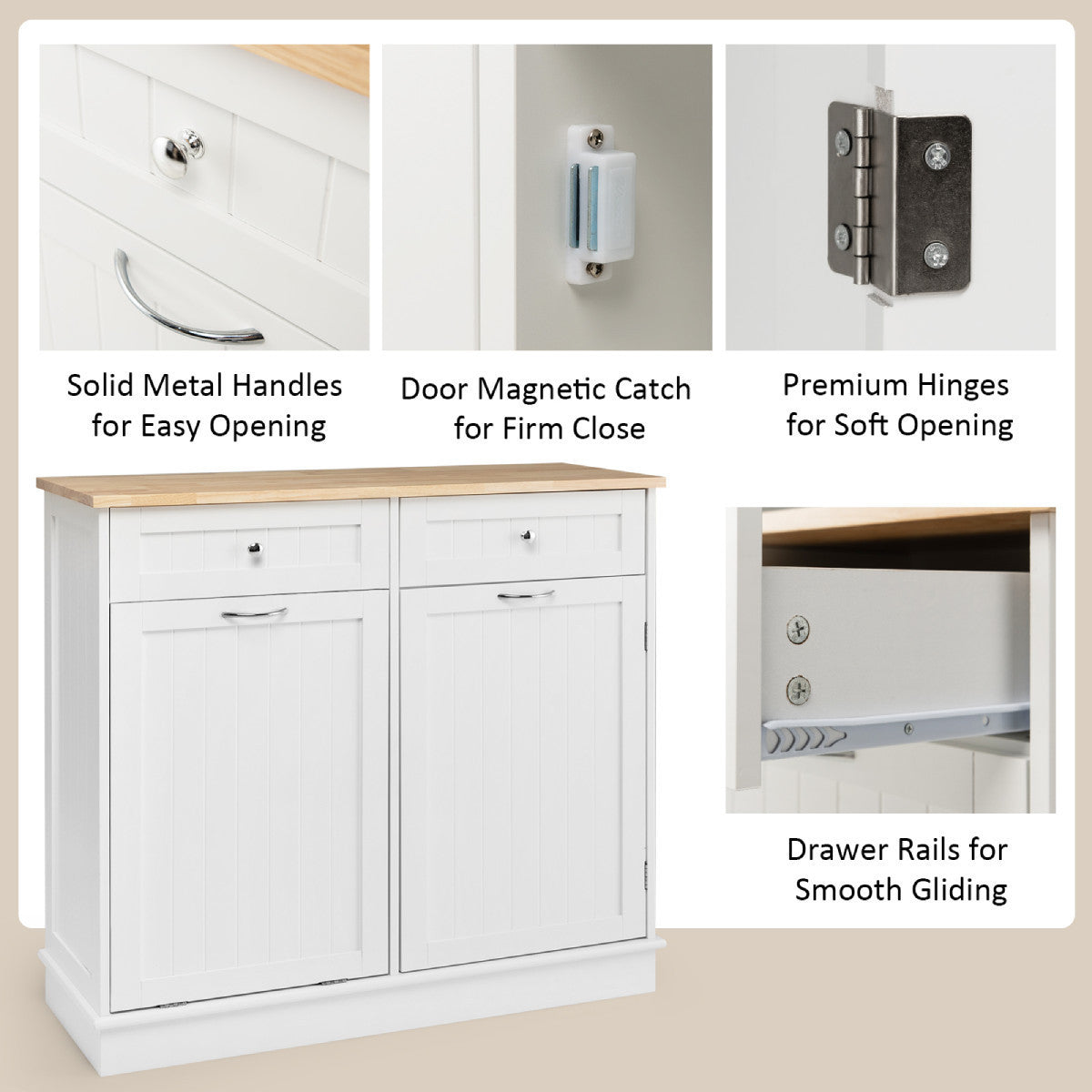 Nutshell kitchen storage cabinet with trash bin holder featuring solid metal handles and smooth drawer rails