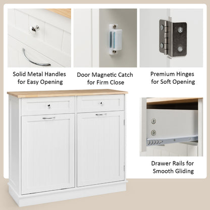 Nutshell kitchen storage cabinet with trash bin holder featuring solid metal handles and smooth drawer rails