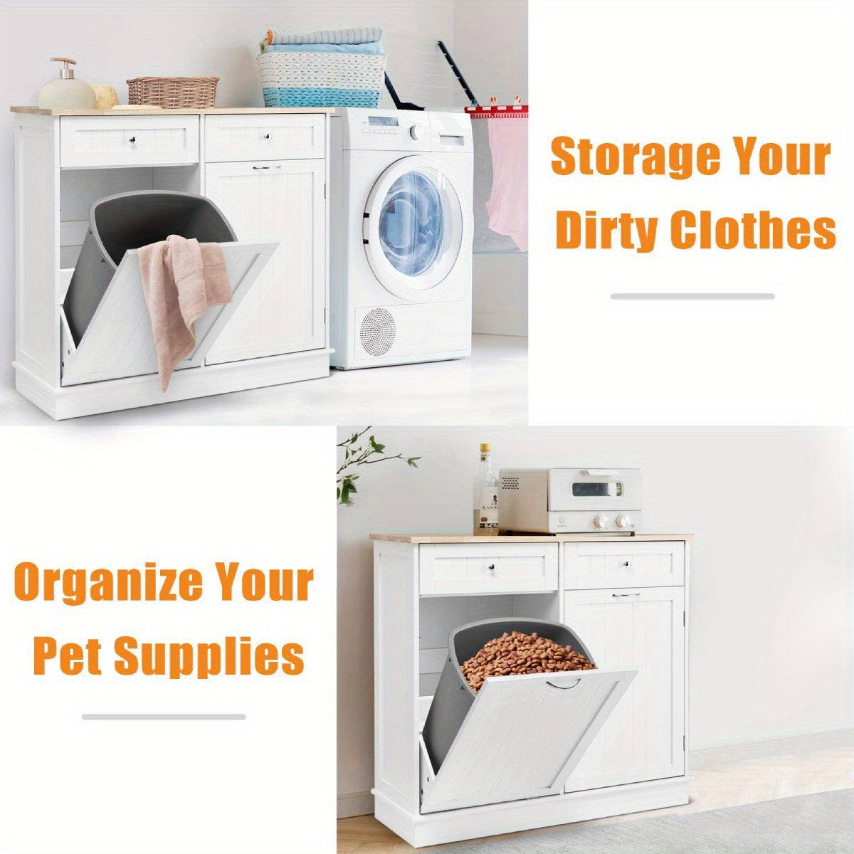 Nutshell kitchen storage cabinet with trash bin holder for laundry and pet supplies organization