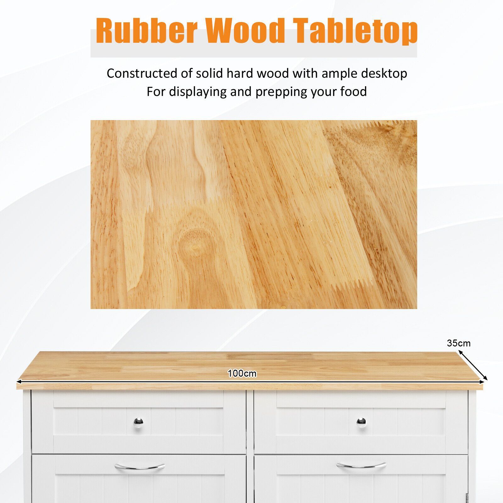Nutshell kitchen storage cabinet with trash bin holder featuring rubber wood tabletop for food prep
