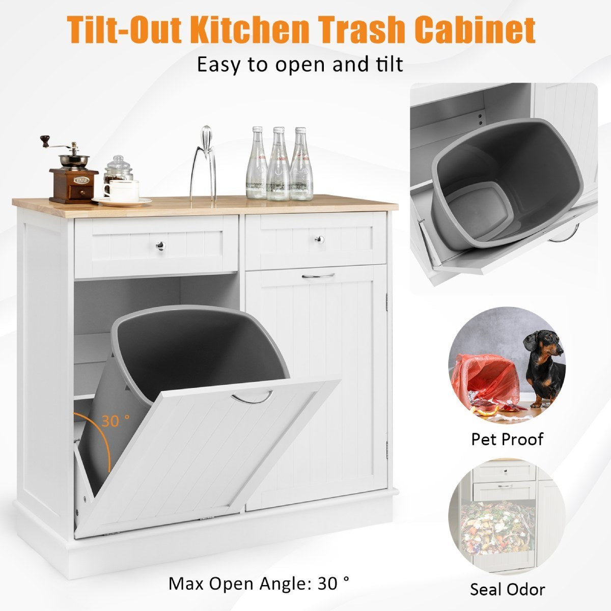 Nutshell kitchen storage cabinet with trash bin holder in white with tilt-out design and wooden top