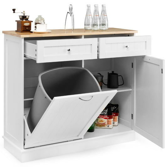 Nutshell kitchen storage cabinet with trash bin holder in white with wooden top and drawers