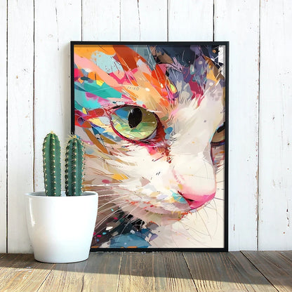 Colorful kitten wall art canvas print featuring vibrant brush strokes and a striking cat face
