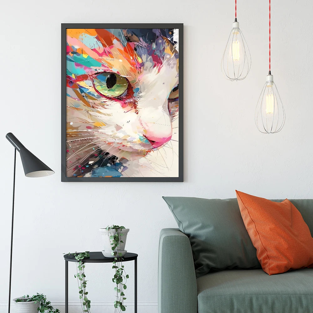 Colorful kitten wall art canvas print featuring a close-up of a cat's face in vibrant hues