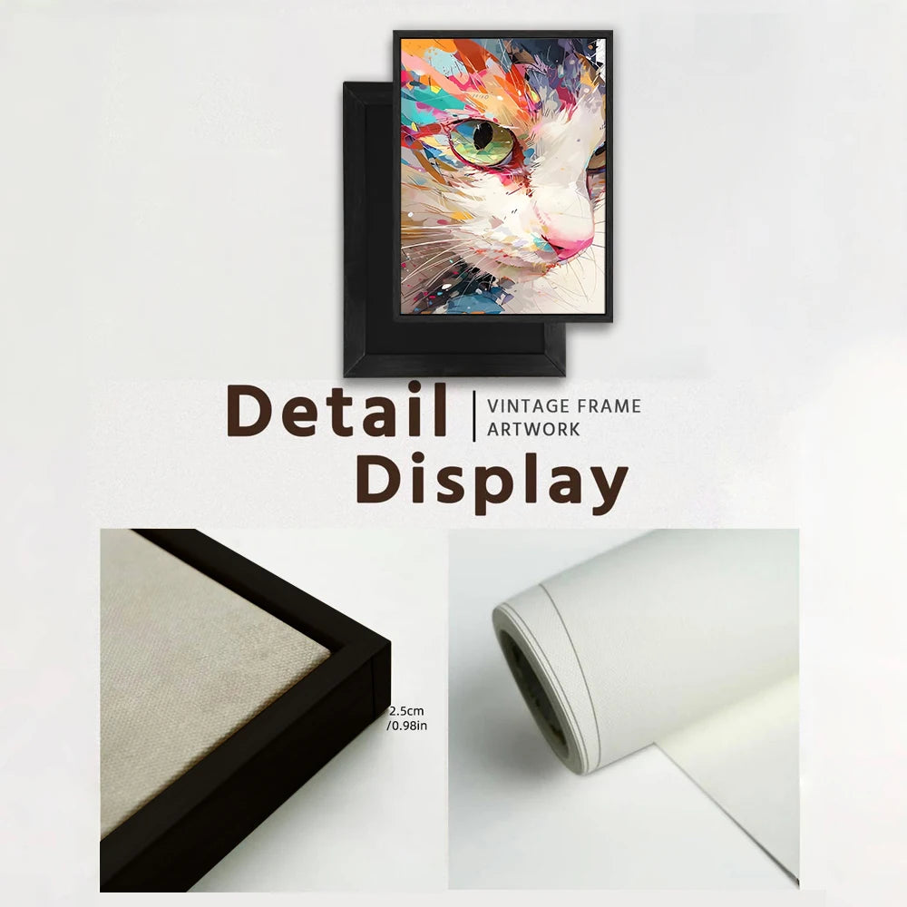 Colorful kitten wall art canvas print in a vintage frame, showcasing vibrant artistic details