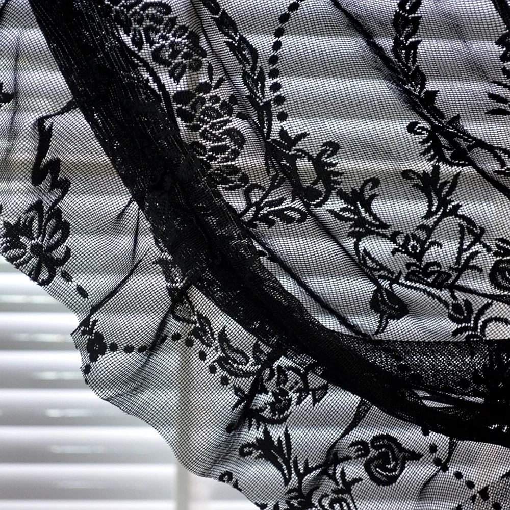 Nutshell black floral sheer curtain with scalloped ruffle edge vintage voile ruffle lace drapes