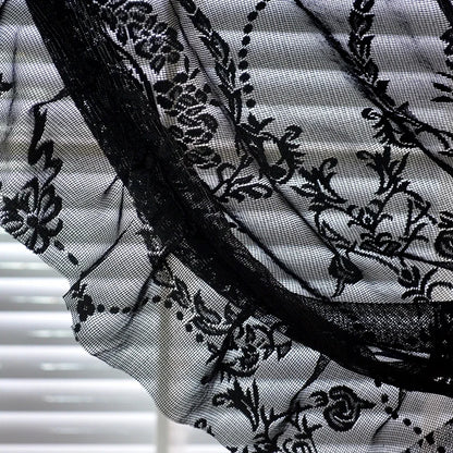 Nutshell black floral sheer curtain with scalloped ruffle edge vintage voile ruffle lace drapes