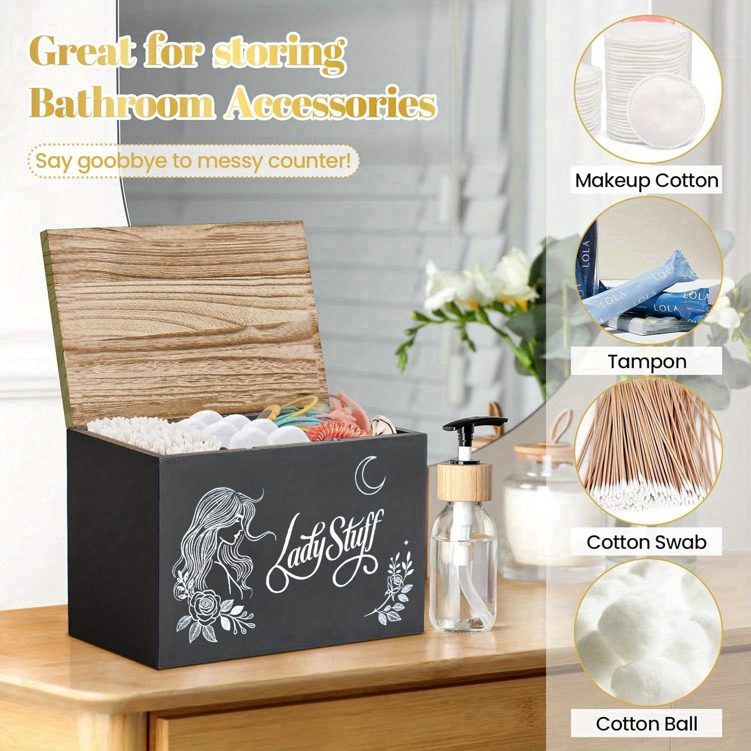 Nutshell lady stuff storage container in black for organizing bathroom accessories and reducing countertop clutter