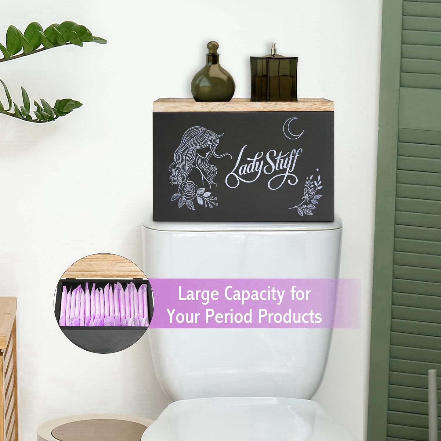 Nutshell lady stuff storage container with a wooden lid, perfect for organizing period products
