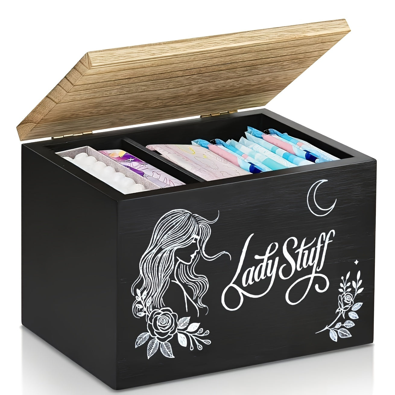 Nutshell lady stuff storage container with floral design, organized compartments for bathroom items
