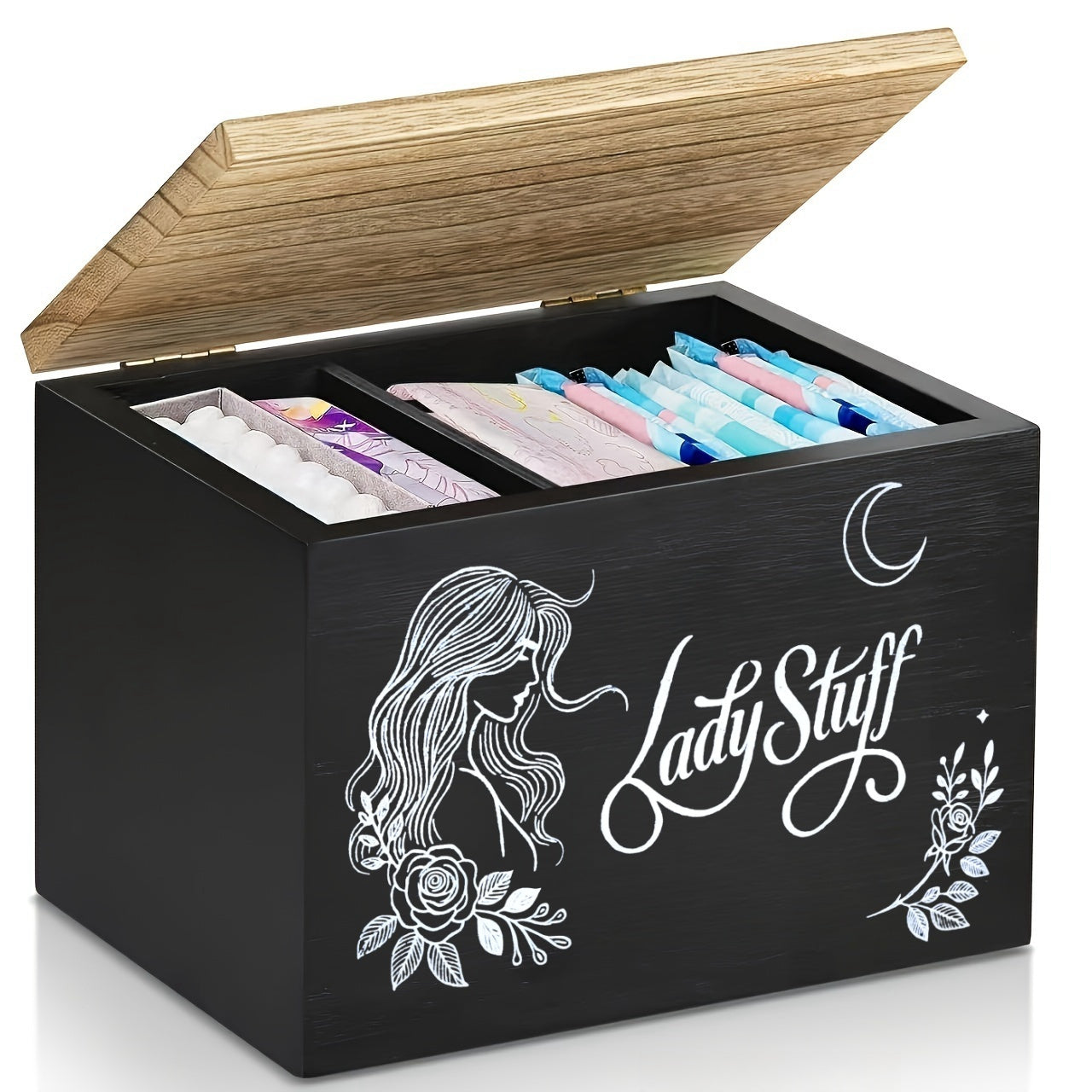 Nutshell lady stuff storage container with wooden lid for organized bathroom essentials and personal items