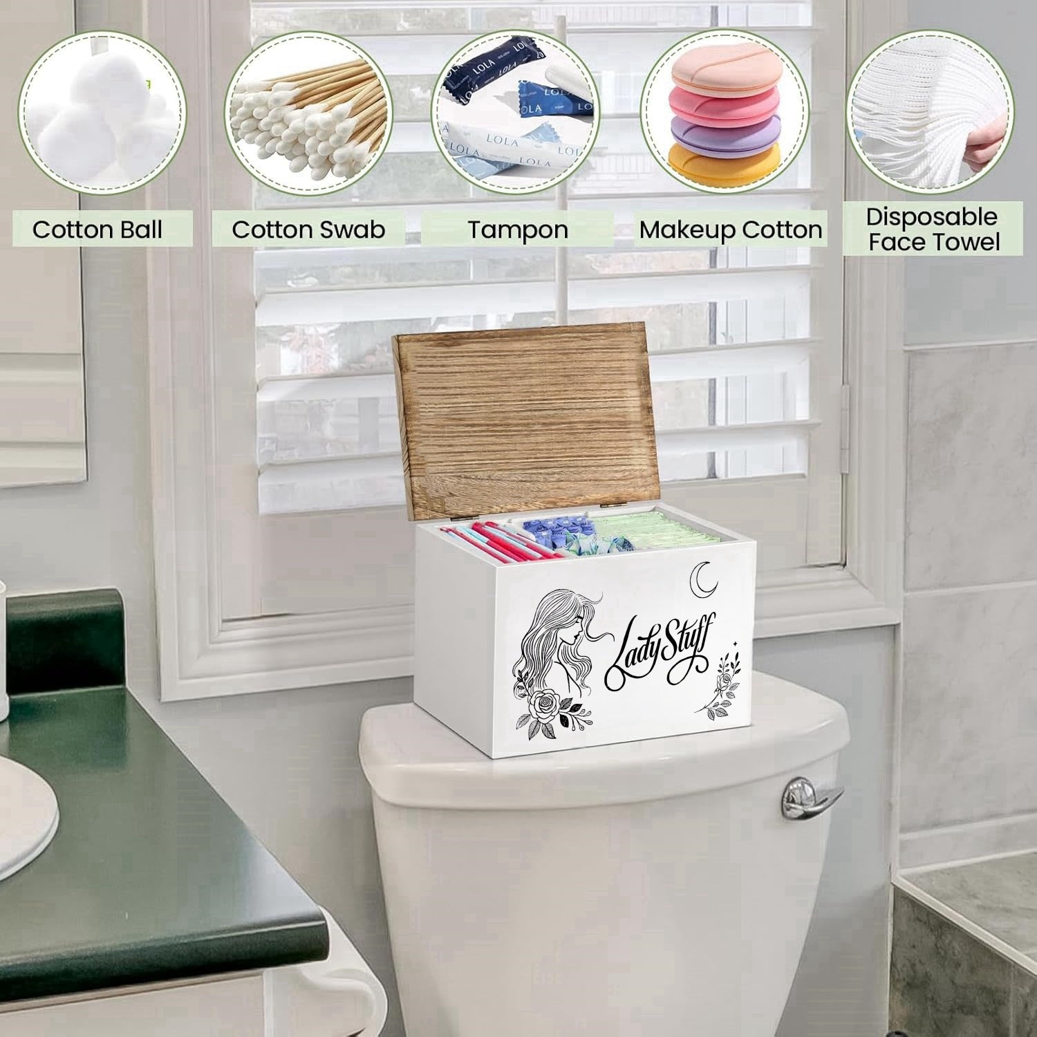 Nutshell lady stuff storage container on a bathroom toilet for organizing cotton and personal items