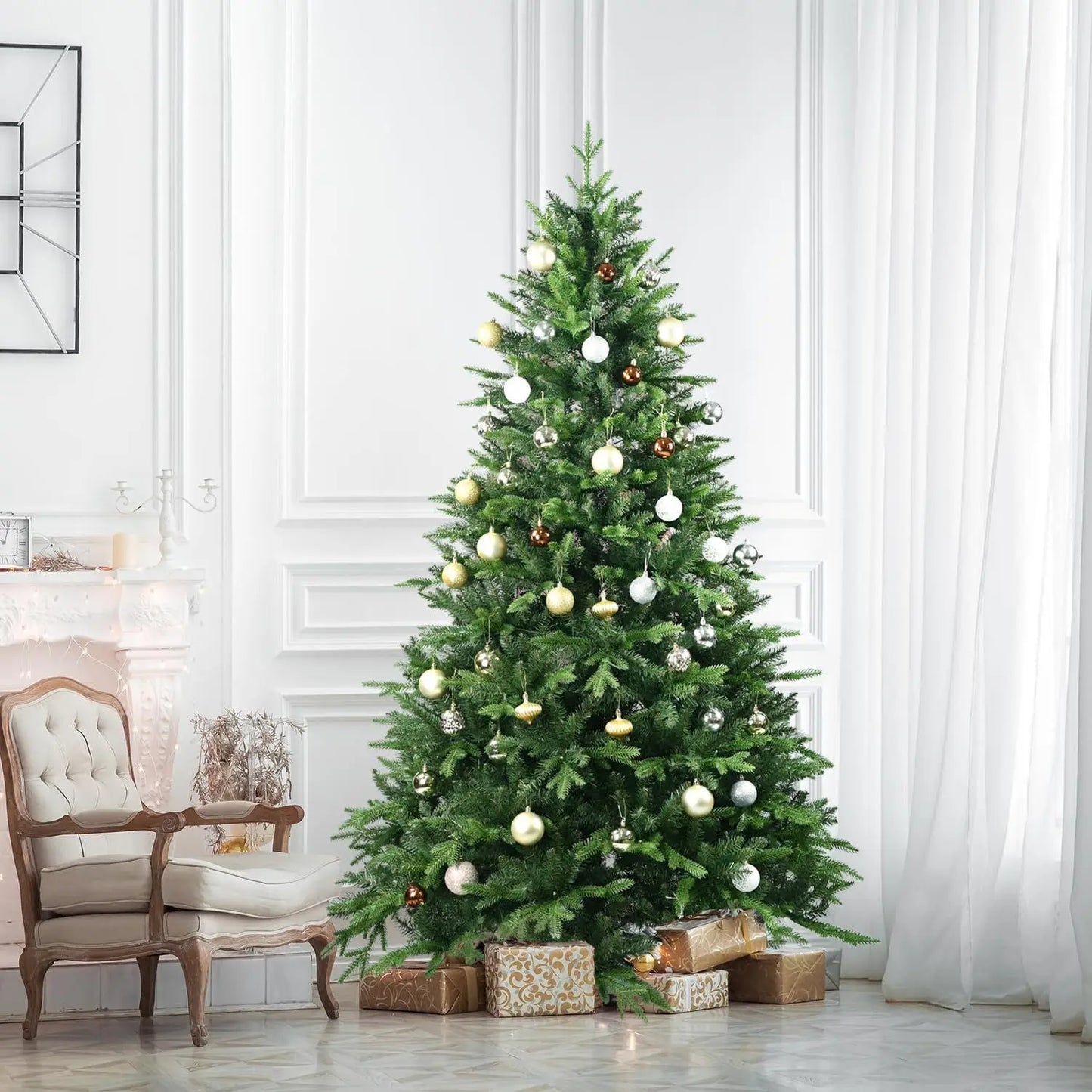 Large artificial Christmas tree beautifully decorated with gold and white ornaments in a cozy living room