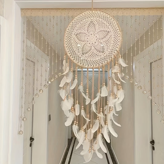 Large boho chic dreamcatcher with intricate lace and feather details, enhancing home decor style