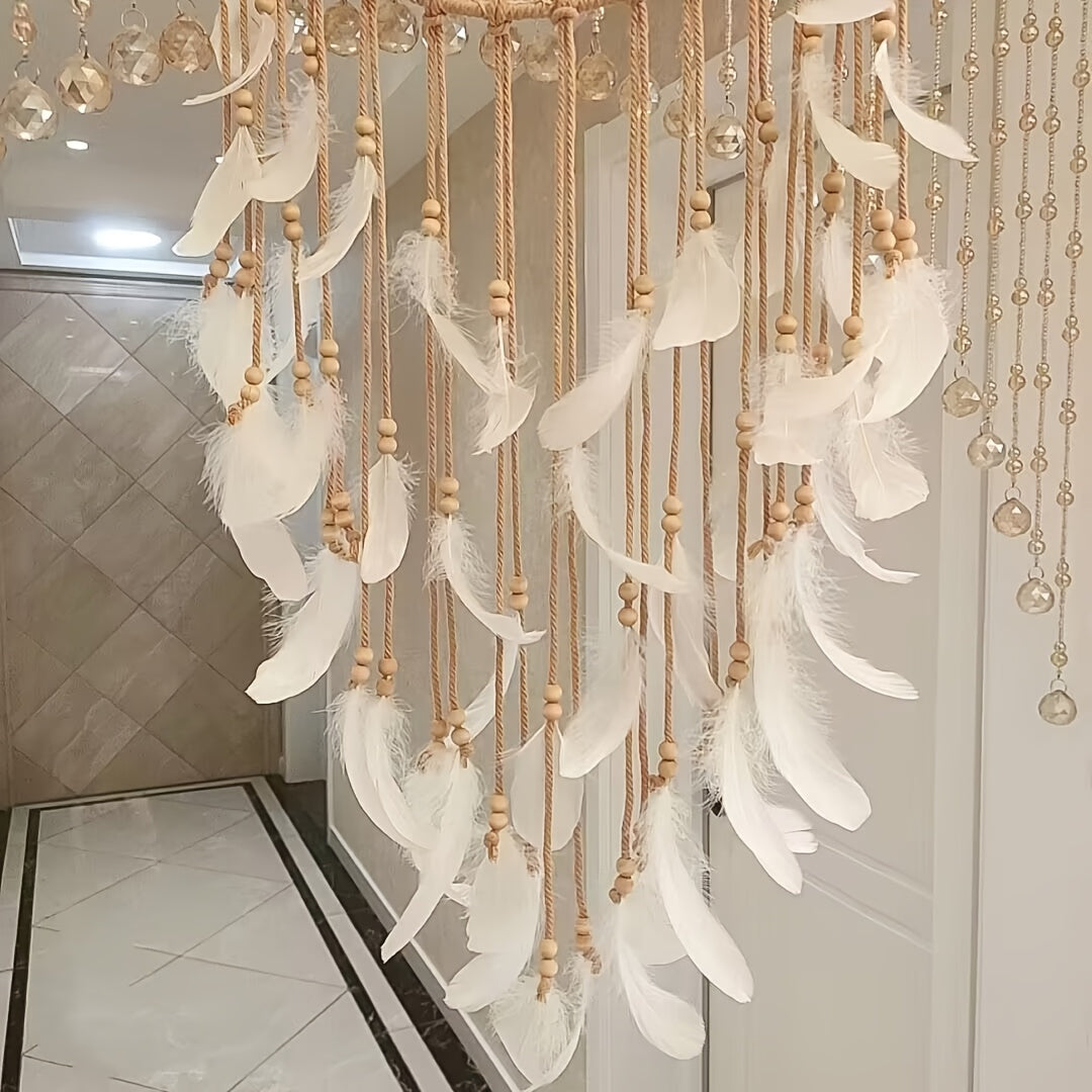 Nutshell large boho chic dreamcatcher with feathers and wooden beads hanging decoratively