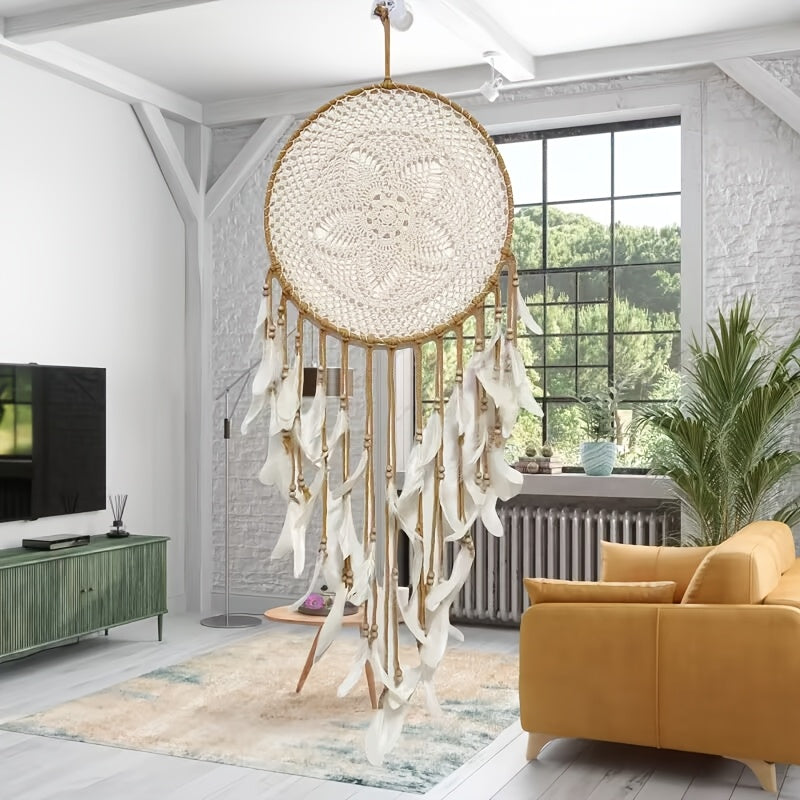 Large boho chic dreamcatcher with natural feathers and intricate design, perfect for stylish home decor