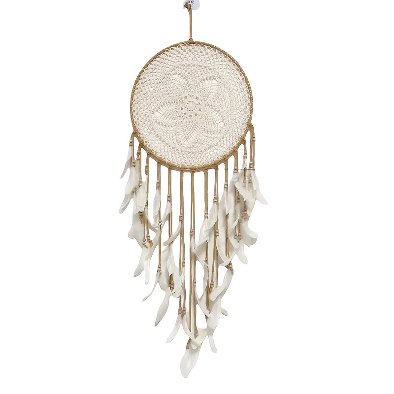Large boho chic dreamcatcher with a woven design and hanging feathers for home decor