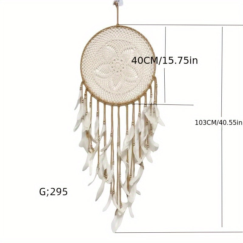 Large boho chic dreamcatcher with intricate design and cascading feathers for home decor