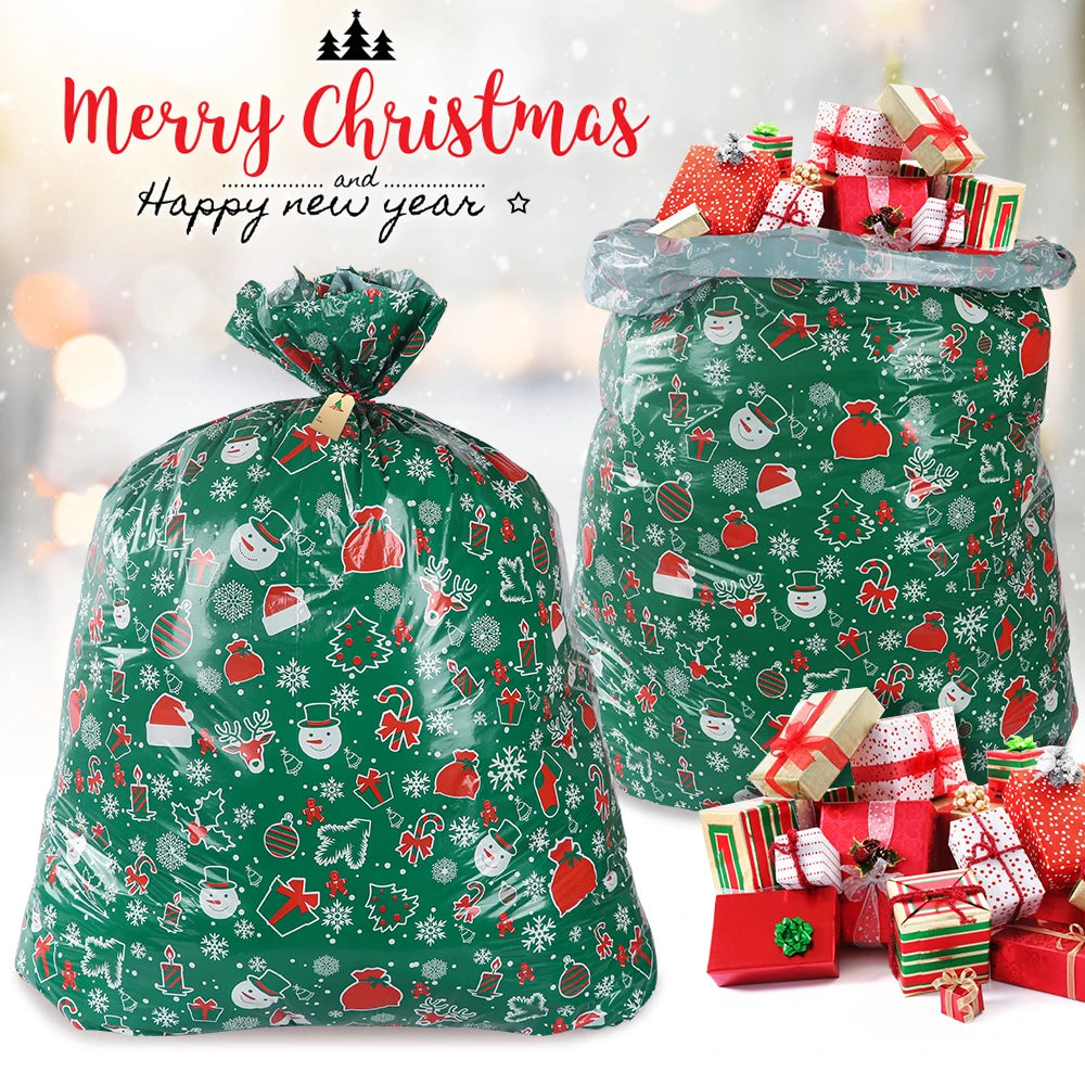 Two large Christmas gift bags decorated with festive patterns and filled with presents
