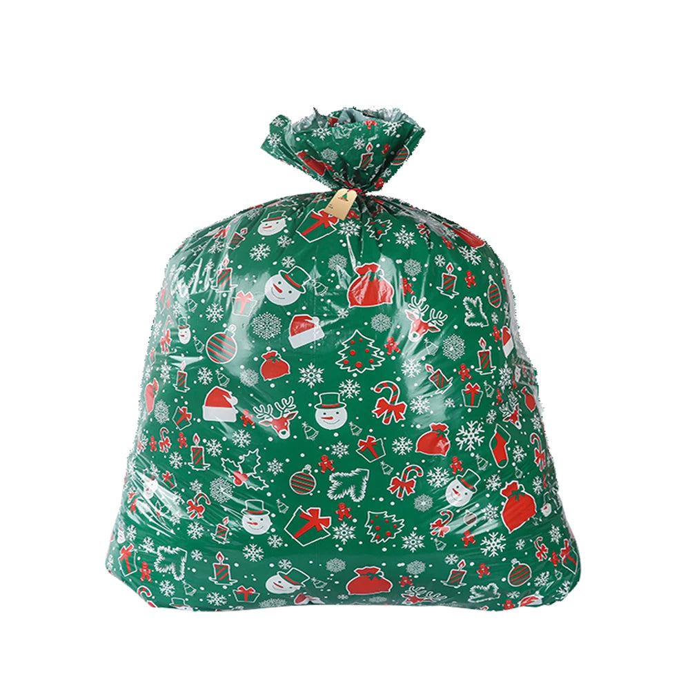 Large Christmas gift bag featuring festive prints of snowmen, gifts, and holiday decorations