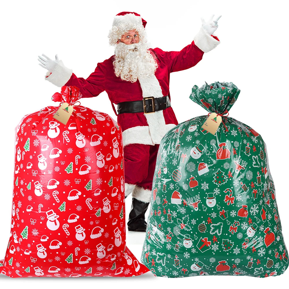 Large Christmas gift bag set featuring red and green designs with Santa for festive gift wrapping