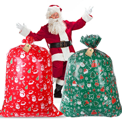Large Christmas gift bag set featuring red and green designs with Santa for festive gift wrapping