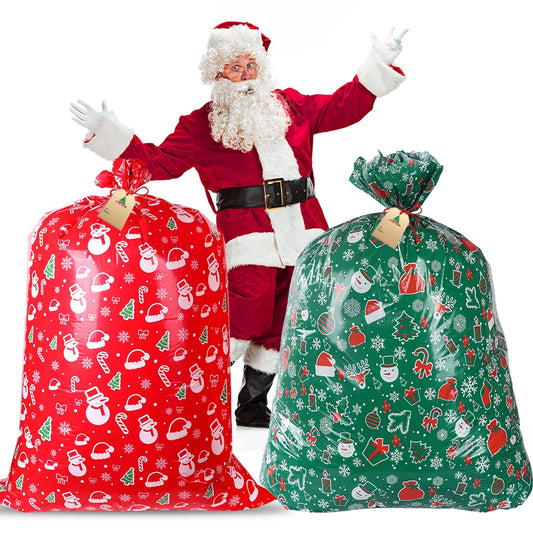 Large Christmas gift bag set featuring red and green designs with Santa for festive gift wrapping