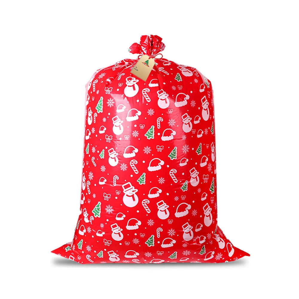 Large Christmas gift bag in festive red with Santa, snowman, and holiday patterns for gift wrapping